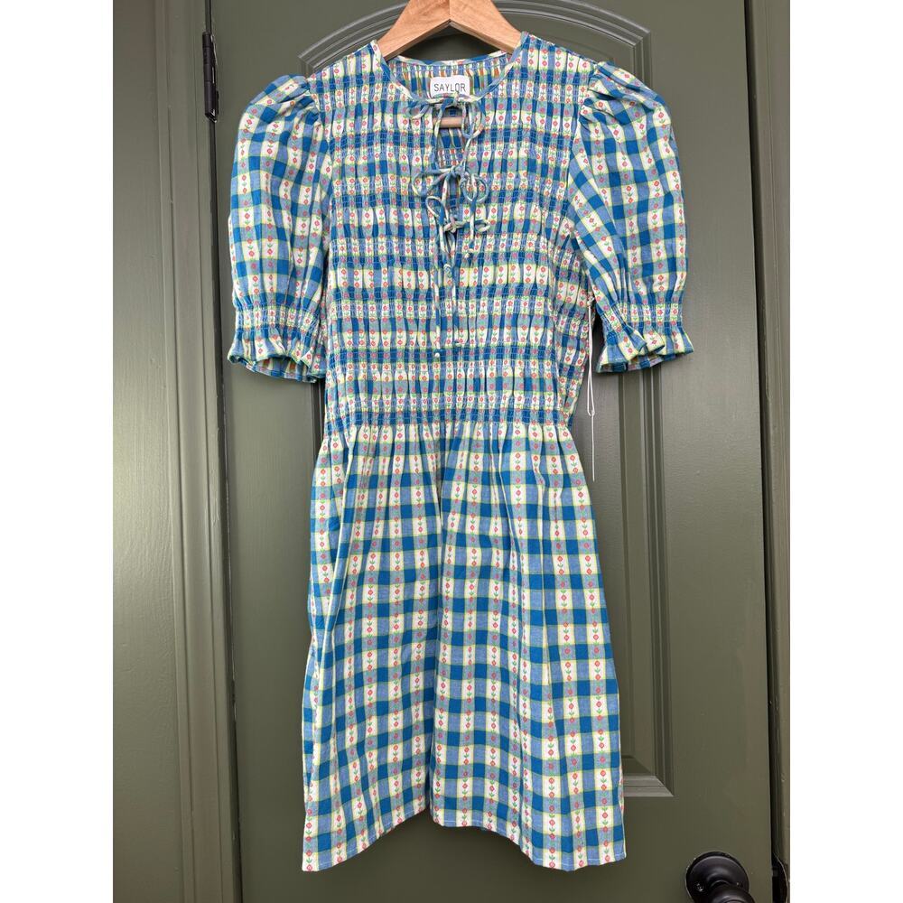 NWT Saylor Leota Floral Gingham Mini Cottage Smocked Peasant Dress Blue Small